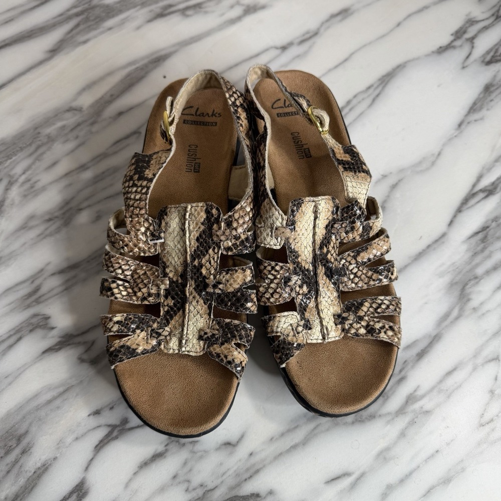 Clarks Women's Lexi Marigold wedge sandals Snakeskin  Leather Size 7 W Comfort